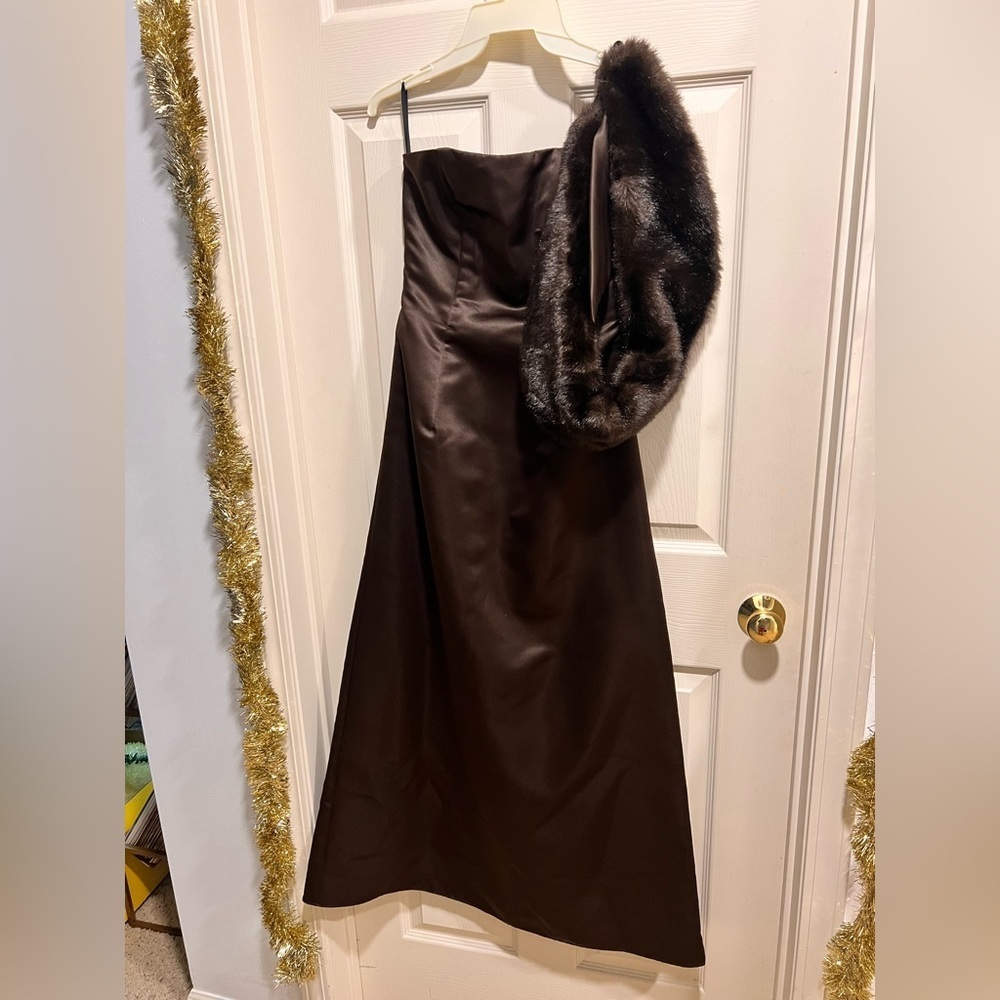 Jessica McClintock brown strapless faux fur dress
